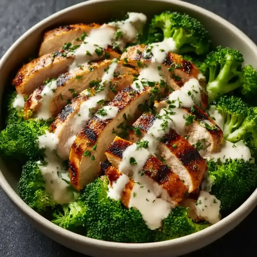 Grilled Chicken & Broccoli Bowls with Creamy Garlic Sauce Recipe - Recipe Image