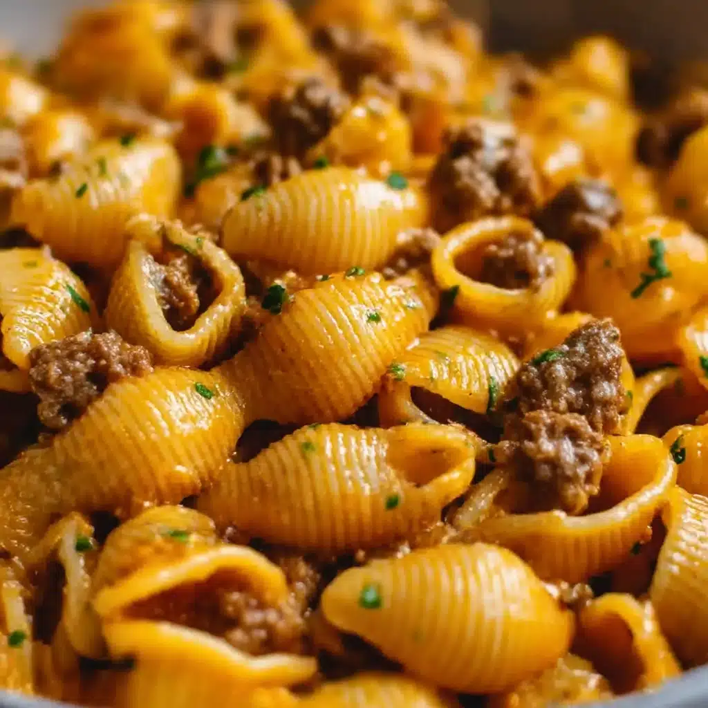 The image shows a white bowl filled with pasta shells covered in a light brown meat sauce mixed with ground meat chunks. The pasta is shiny and smooth, with a warm golden color, and is topped with small bits of green herbs evenly spread. The sauce has a slightly oily texture that coats the pasta, and the ground meat appears crumbly and cooked through. The bowl sits on a white marbled surface. photo taken with an iphone --ar 4:5 --v 7