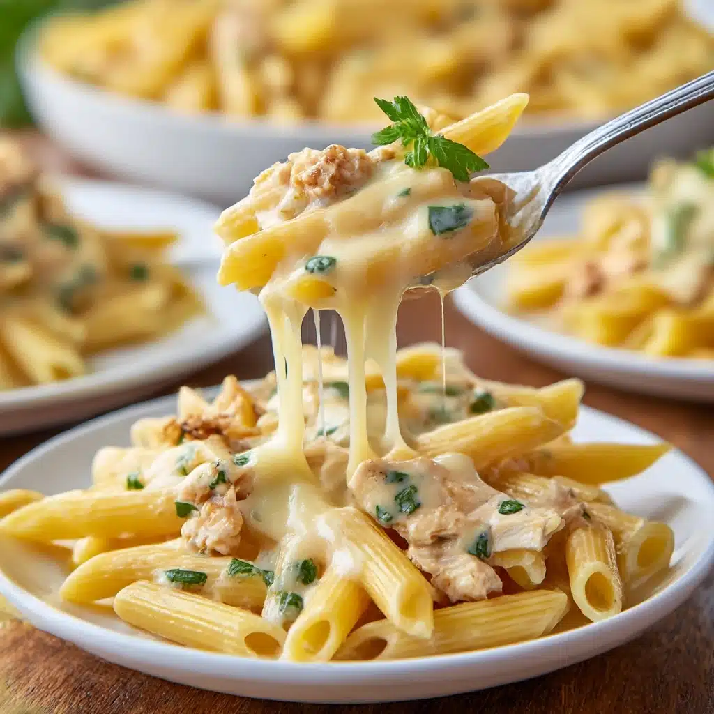 The image shows a white plate piled with creamy pasta that has three visible layers: the bottom layer is penne pasta, pale yellow with smooth, slightly shiny texture; the middle layer is chunks of golden brown cooked chicken scattered evenly among the pasta; the top layer is a thick, smooth, white creamy sauce with melted cheese stretching as a spoon lifts a portion, with green parsley leaves placed as garnish. The background includes a white marbled texture with blurred plates of pasta visible. Photo taken with an iphone --ar 4:5 --v 7