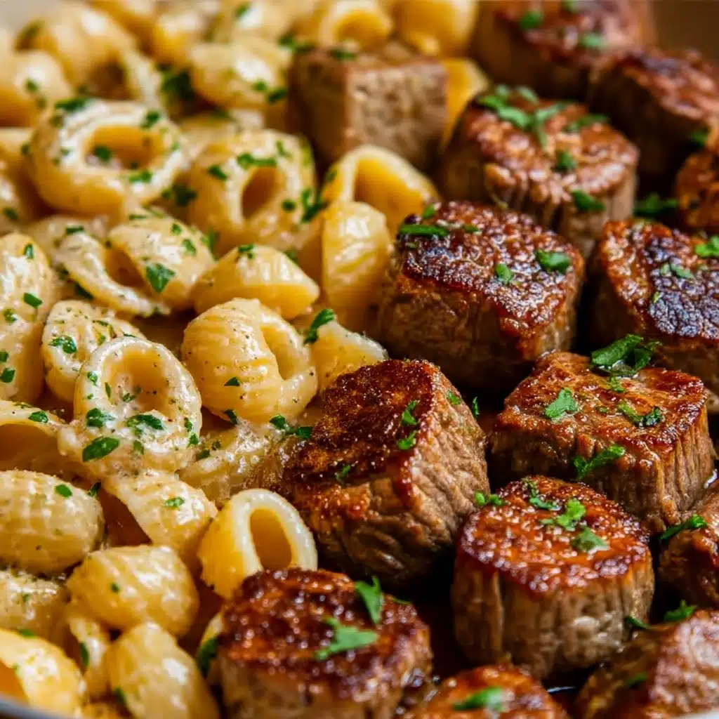 A close-up image of a white plate filled with two layers of food: on the left side, small pale yellow gnocchi pieces covered in a light oily sauce sprinkled with small green herb bits, and on the right side, many pieces of dark brown grilled meat with a slightly charred texture, also garnished lightly with green herbs. The colors contrast well with the white plate and the food appears freshly cooked and juicy. Photo taken with an iphone --ar 4:5 --v 7