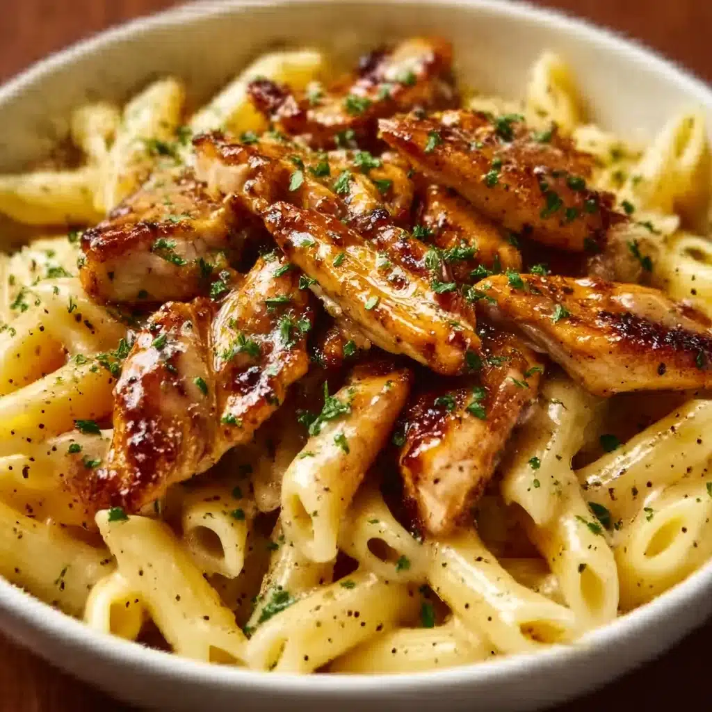 A white bowl filled with creamy cooked pasta, topped with pieces of grilled chicken that have a golden-brown color and slightly crispy edges. The pasta is coated in a rich, smooth sauce of light yellow color, with small green herb bits sprinkled on top. The chicken pieces sit on top of the pasta, showing grill marks and a juicy texture. The dish has a warm, inviting look with a soft shine on the sauce. The background is a white marbled texture. Photo taken with an iphone --ar 4:5 --v 7
