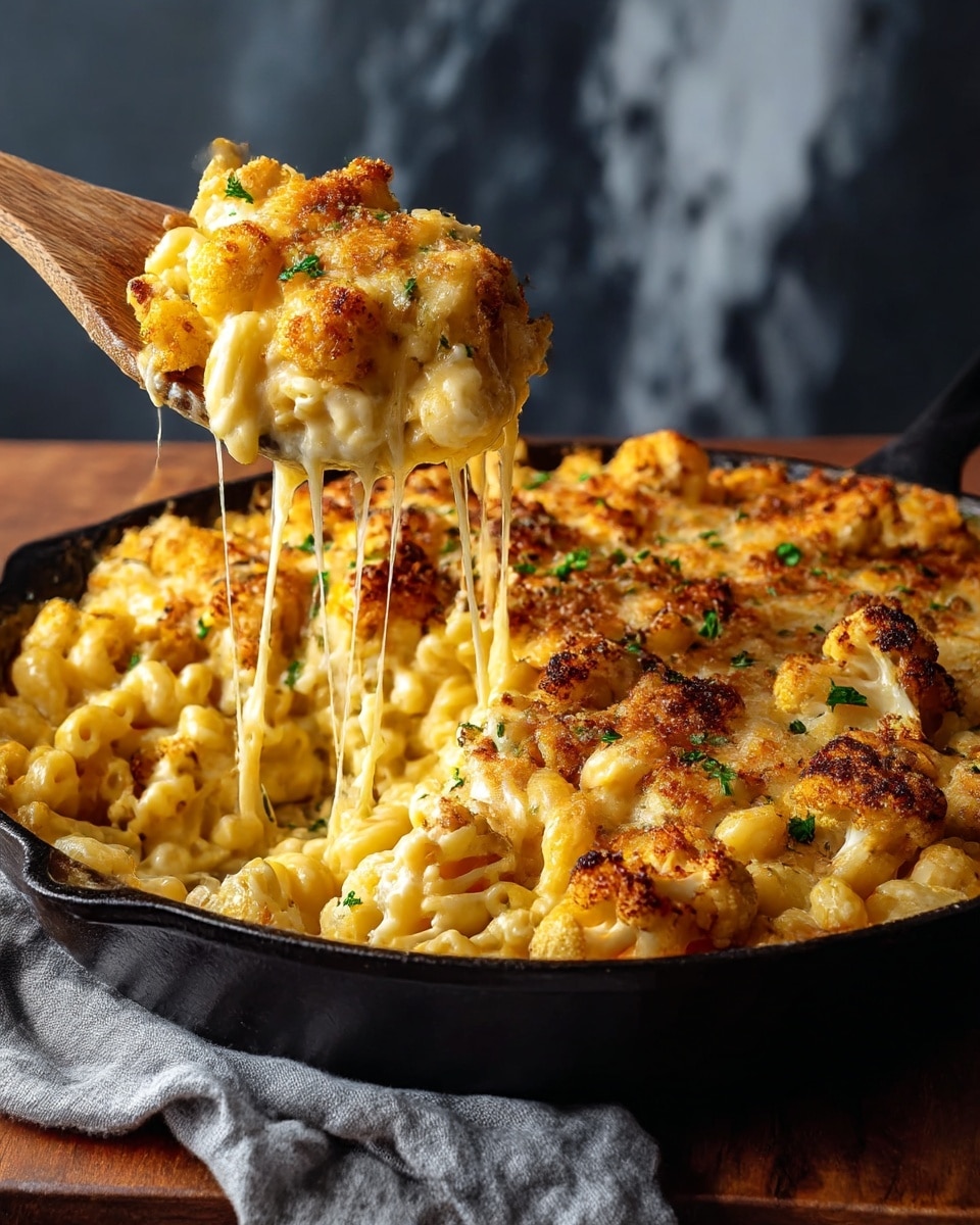 A pan filled with a golden baked macaroni and cheese dish topped with chunks of browned cauliflower and sprinkled with green parsley bits. The top layer is crispy and browned with bubbly melted cheese stretching from a wooden spoon lifting a portion from the pan. Underneath, the macaroni pasta is creamy and bright yellow from the cheese sauce, mixed with soft cauliflower pieces. The pan sits on a wooden surface with a gray cloth nearby, set against a dark, blurred background replaced with a white marbled texture. photo taken with an iphone --ar 4:5 --v 7