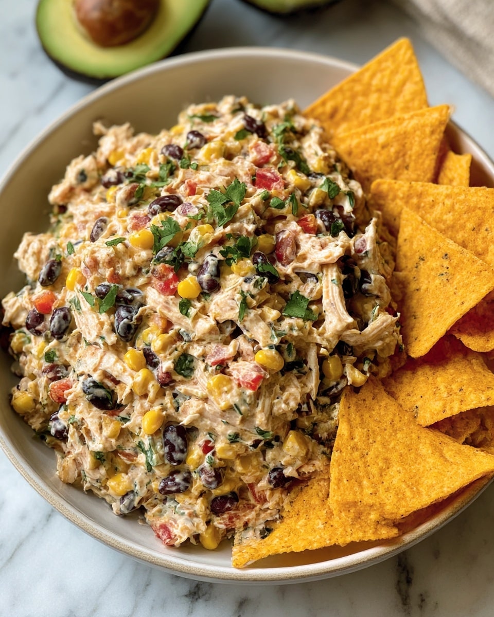 This dish shows a bowl of creamy mixed salad with shredded chicken, black beans, corn, chopped red peppers, and fresh green herbs on top, creating a colorful mix of yellow, black, red, and green against the light creamy base. The salad sits on the left side of a round white bowl, while the right side holds several yellow-orange crispy tortilla chips leaning against the salad. The bowl rests on a white marbled surface, and in the background, a blurred sliced avocado is partly visible. photo taken with an iphone --ar 4:5 --v 7