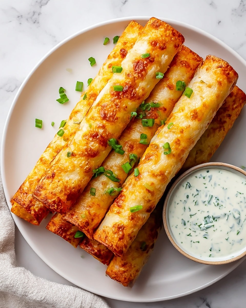 A white plate holds five golden-brown, crispy rolled taquitos stacked in two overlapping rows. The taquitos have a bubbly, crunchy texture with slight darker brown spots, and are sprinkled with small, bright green chopped scallions scattered over the top. On the right side of the plate, a small round bowl filled with white creamy sauce flecked with green herbs sits nestled next to the taquitos. The plate is set on a white marbled surface with a soft cloth visible on the lower left corner. photo taken with an iphone --ar 4:5 --v 7