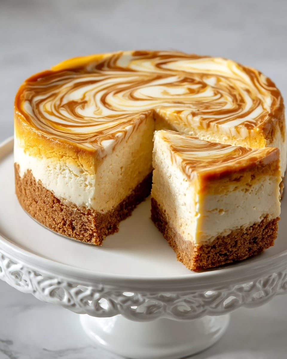 A round cheesecake with three visible layers is displayed on a white decorative cake stand against a white marbled texture. The bottom layer is a firm, brown crumbly crust. The middle layer is thick, creamy, and pale yellow with a smooth texture. The top layer swirls caramel and white cream together in a marbled pattern covering the entire surface. One slice is cut out, showing the creamy inside layers clearly. photo taken with an iphone --ar 4:5 --v 7
