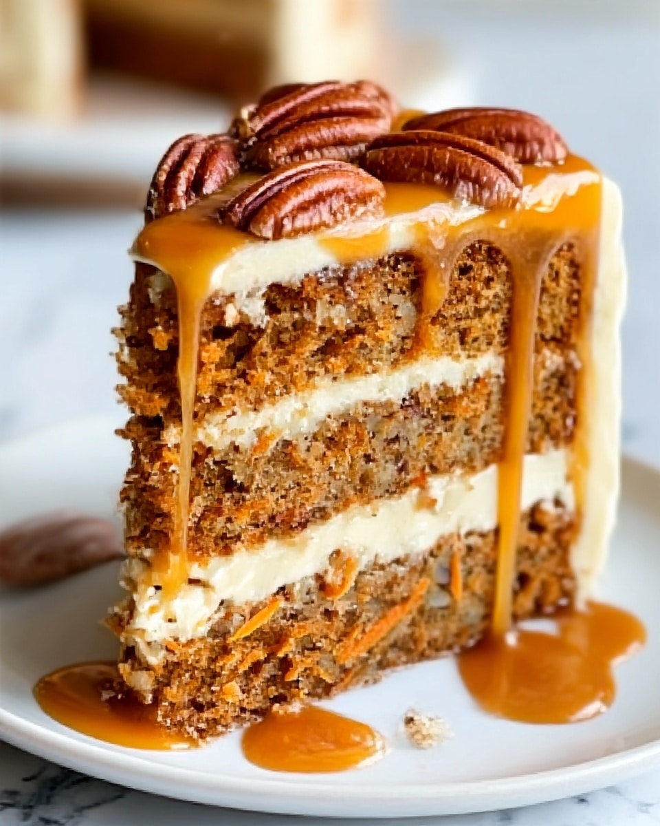 The image shows a tall slice of layered carrot cake on a white plate, placed on a white marbled surface. The cake has three visible layers of dense, brown-orange carrot cake mixed with small bits of nuts and carrot. Between the cake layers are two thick layers of smooth white cream cheese frosting. The top of the cake is covered with glossy caramel sauce that flows down the sides, dripping onto the plate. Whole pecans are evenly placed on top of the caramel layer, adding texture and a rich brown color. The photo taken with an iphone --ar 4:5 --v 7