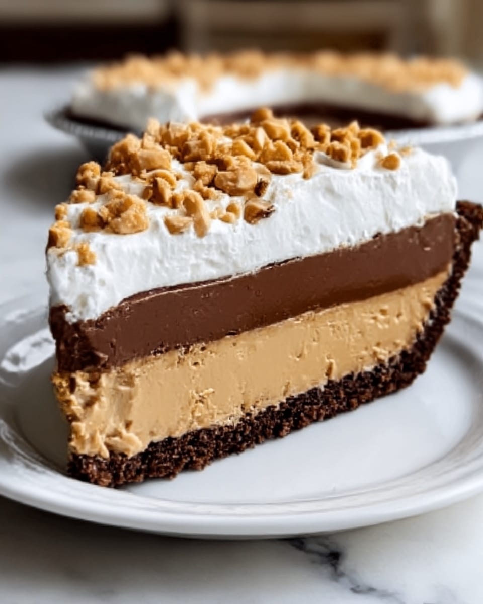 The image shows a thick slice of pie with three clear layers on a white plate: the bottom layer is dark brown and crumbly, the middle layer is smooth and light brown, and the top layer is a glossy, slightly darker brown. On top of the pie, there is a layer of whipped cream which is white and fluffy, covered with a generous amount of crushed nuts that are light brown and scattered unevenly. The pie slice has clean, sharp edges and sits on a white marbled surface. Photo taken with an iphone --ar 4:5 --v 7