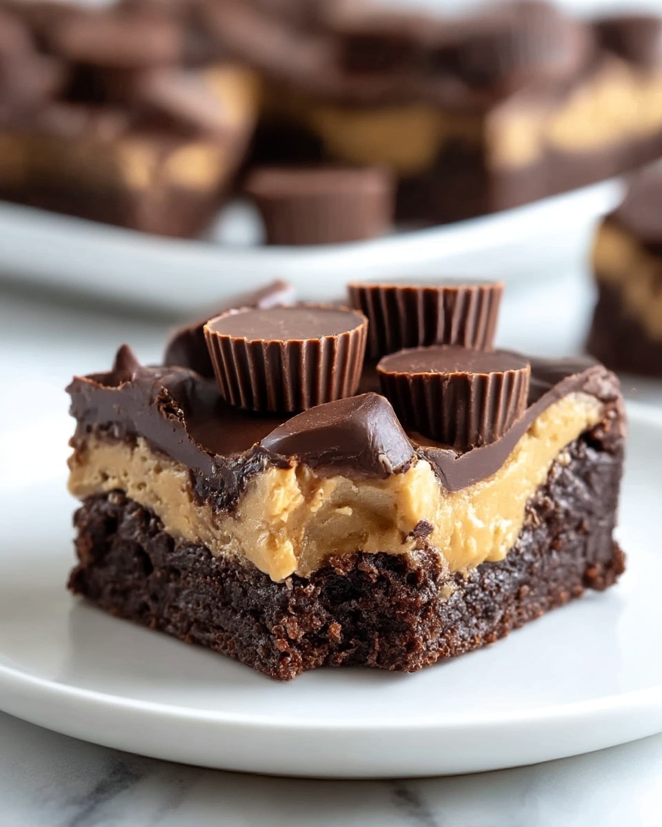 A piece of chocolate peanut butter brownie sits on a white plate with a white marbled surface. The brownie has three visible layers: the bottom is a dense, dark brown chocolate base, rough in texture; the middle layer is a creamy, light brown peanut butter filling spread unevenly; and the top layer is a glossy dark chocolate coating. On top, there are several small dark chocolate cups with a smooth, shiny surface, arranged in a cluster. The edges of the brownie show some peanut butter oozing out slightly from the middle layer. In the background, there is a blurred white plate with more brownies. photo taken with an iphone --ar 4:5 --v 7