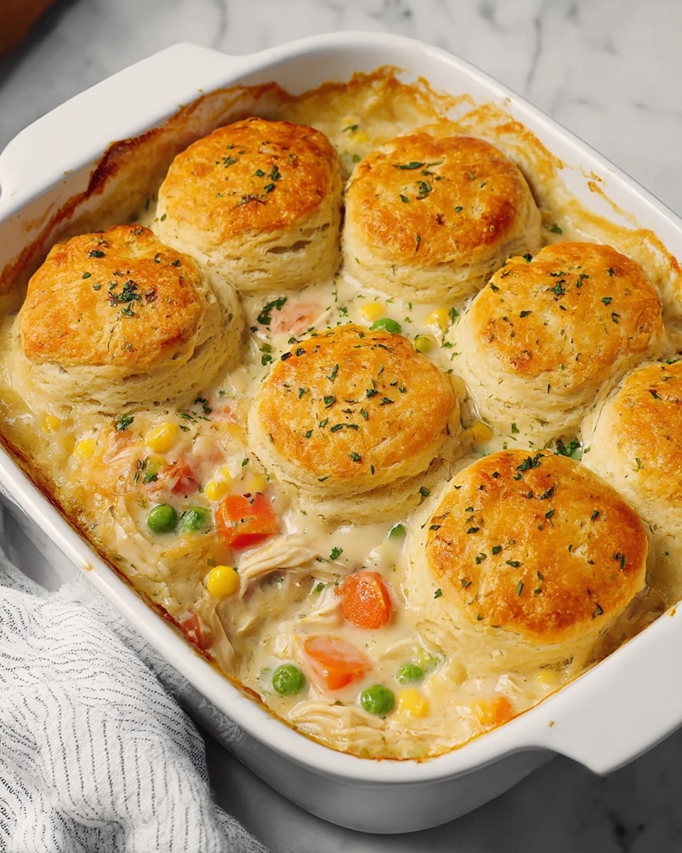 A white square baking dish holds a creamy chicken pot pie topped with seven golden-brown, round biscuit layers that are fluffy and slightly flaky, sprinkled with small green herb pieces. The creamy filling beneath the biscuits shows off chunks of white chicken, bright orange carrot slices, yellow corn bits, and green peas, all mixed in a thick white sauce. The dish sits on a white marbled surface with part of a striped cloth visible near it. Photo taken with an iphone --ar 4:5 --v 7