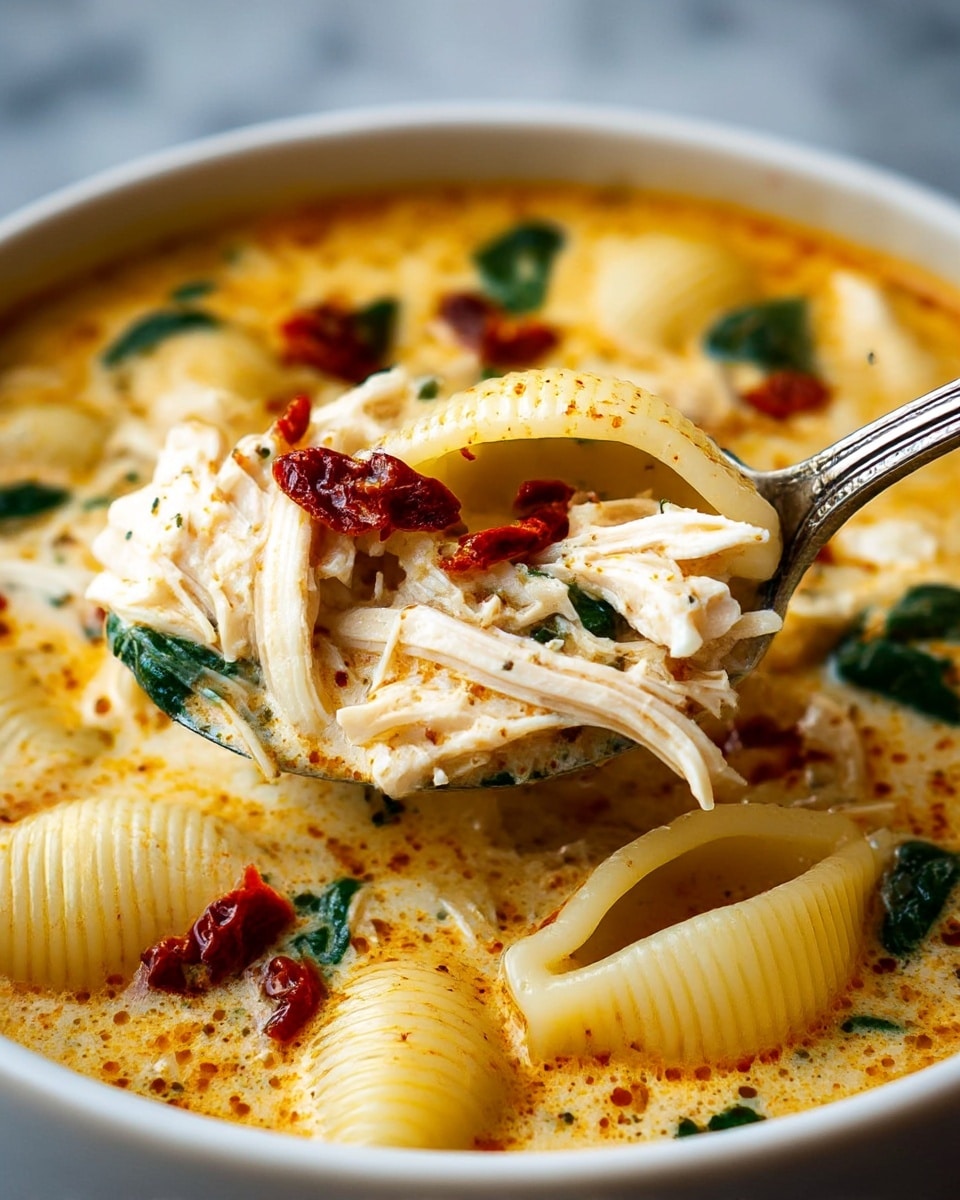 A close-up of creamy soup with three visible layers: the base is a light yellow creamy broth with orange oil spots, topped with medium-sized shell pasta that is pale yellow and smooth, shredded white chicken pieces, and dark green spinach leaves scattered throughout. On top, there are small pieces of red dried tomatoes and specks of black pepper seasoning. A shiny silver spoon scoops some soup, pasta, chicken, and dried tomatoes from the white bowl, which sits on a white marbled surface. photo taken with an iphone --ar 4:5 --v 7