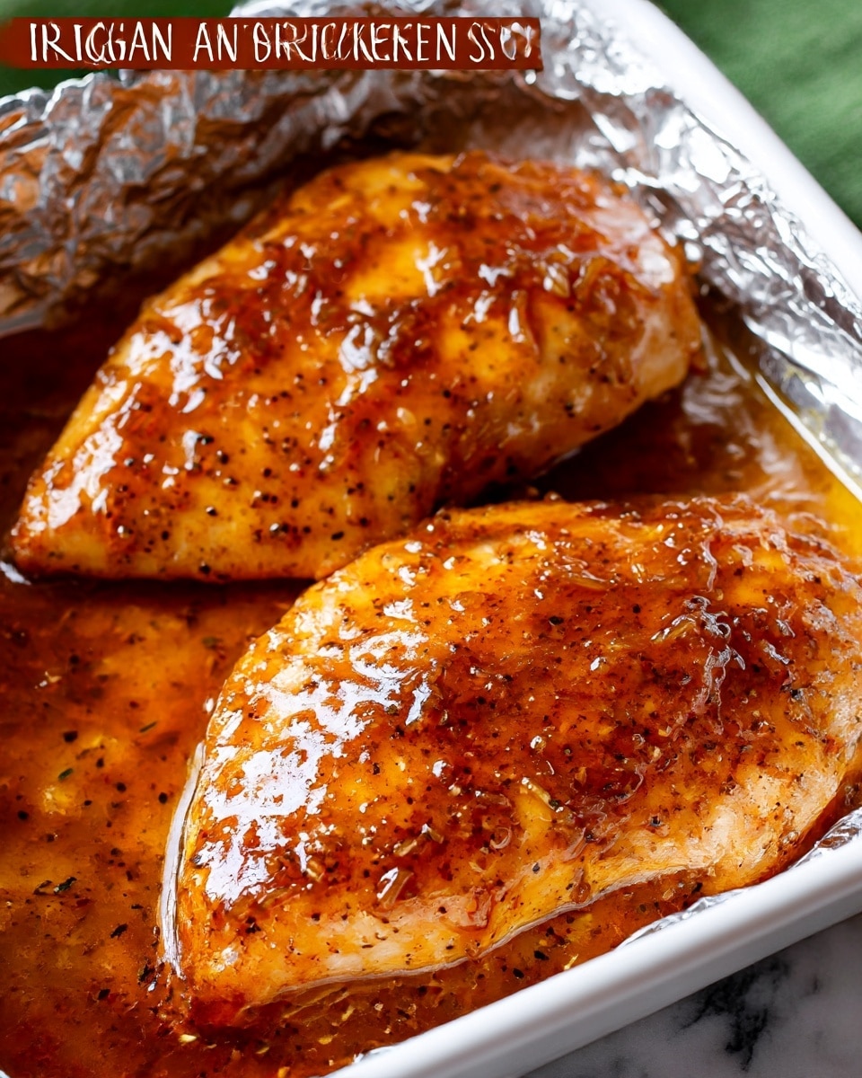 Three pieces of cooked chicken breasts are shown in a white square baking dish lined with silver foil. The chicken is covered with a shiny brown sugar glaze, giving it a smooth, sticky texture with some darker spots from the baking. The sauce pools around the chicken, with a rich amber color and a slightly thick consistency. The dish rests on a white marbled surface. The chicken looks tender and well-coated with the sauce. Photo taken with an iphone --ar 4:5 --v 7