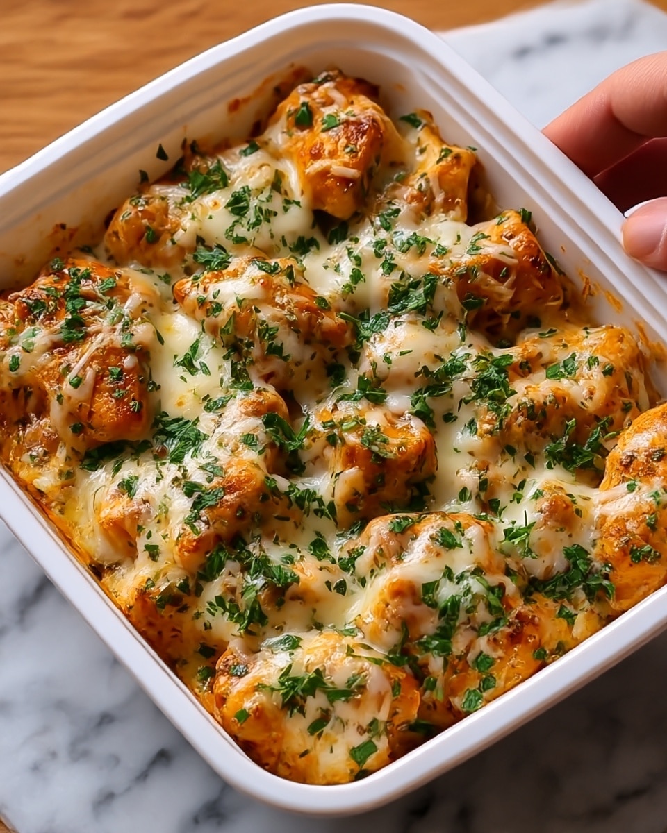 The image shows a close-up of a single-layer dish in a white plastic container filled with cooked chicken pieces that are coated in a reddish-orange sauce and topped with melted, golden-brown cheese. Small green herb pieces are scattered evenly on the surface, adding a fresh touch. The container is placed on a white marbled texture surface, with a woman's hand visible near the edge holding the container. photo taken with an iphone --ar 4:5 --v 7
