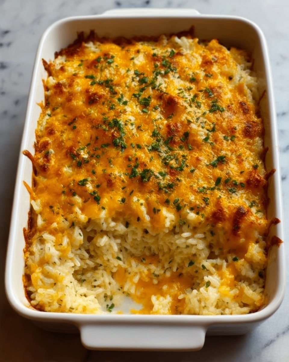 A white rectangular baking dish filled with baked cheesy rice. The top layer is golden brown melted cheese with some green herbs sprinkled on it. The inside shows layers of soft, fluffy white rice mixed with orange melted cheese, creating a creamy texture. The dish sits on a white marble surface. Photo taken with an iphone --ar 4:5 --v 7