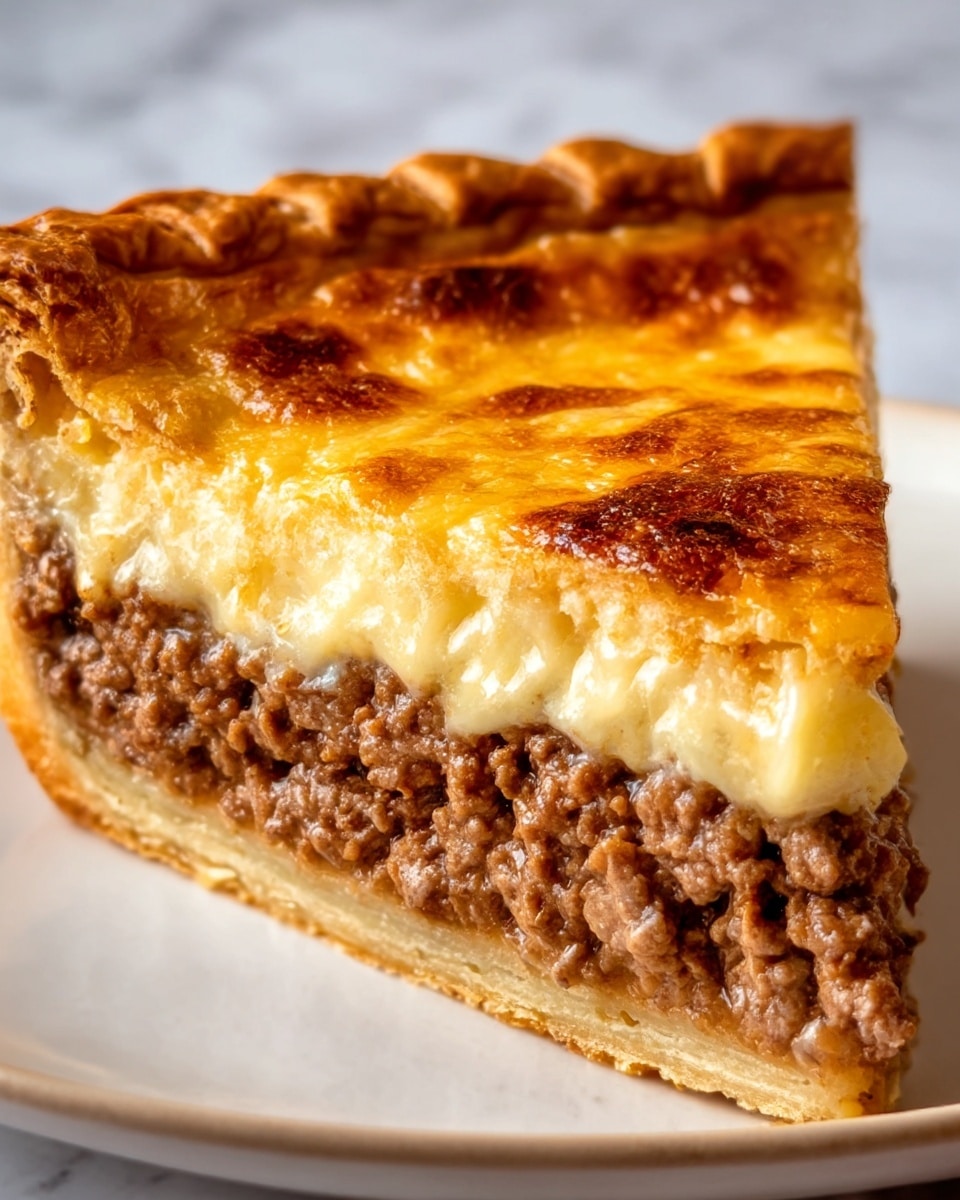 A close-up shot of a single slice of meat pie resting on a white plate, placed on a white marbled surface. The pie has three visible layers: the bottom layer is a light golden-brown flaky crust, the middle layer is a thick, crumbly, dark brown ground meat filling, and the top layer is a rich, melted, golden-yellow cheese with a glossy, slightly browned surface showing a bubbly texture. The edges of the crust are crimped, creating a raised border around the pie slice. photo taken with an iphone --ar 4:5 --v 7