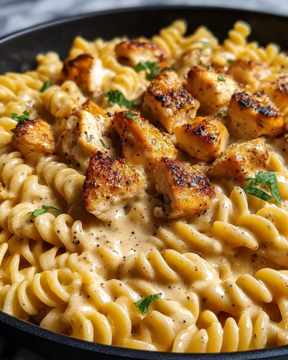 The image shows a close-up of a dish with three main layers. The bottom layer is creamy pasta spirals with a pale yellow color and smooth texture. Above this are small pieces of golden brown, grilled chicken that look slightly crispy with visible black pepper seasoning. The top layer consists of small green parsley leaves scattered evenly over the pasta and chicken, adding a hint of color contrast. All of this is served in a deep white plate, with the dish appearing rich and creamy. The background is a white marbled texture. photo taken with an iphone --ar 4:5 --v 7