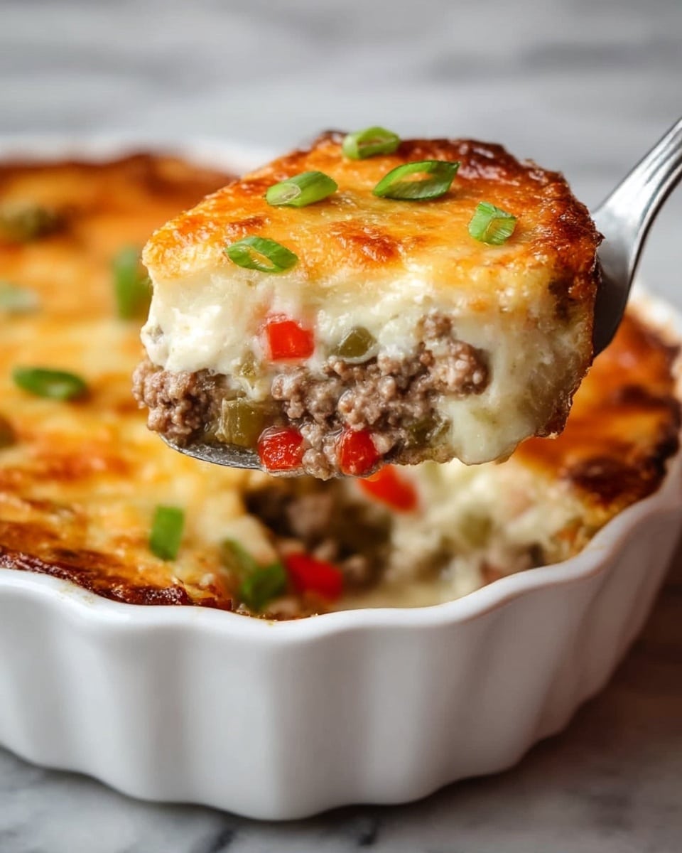 A white round baking dish filled with a layered casserole that has a golden brown, melted cheese top with small green onion pieces scattered on it. The middle layer features creamy white sauce mixed with chunks of browned ground meat and small bits of green and red vegetables, all visible as a silver spoon lifts a serving from the dish. The edges of the casserole are slightly crispy and browned, and the dish is placed on a white marbled texture surface. photo taken with an iphone --ar 4:5 --v 7