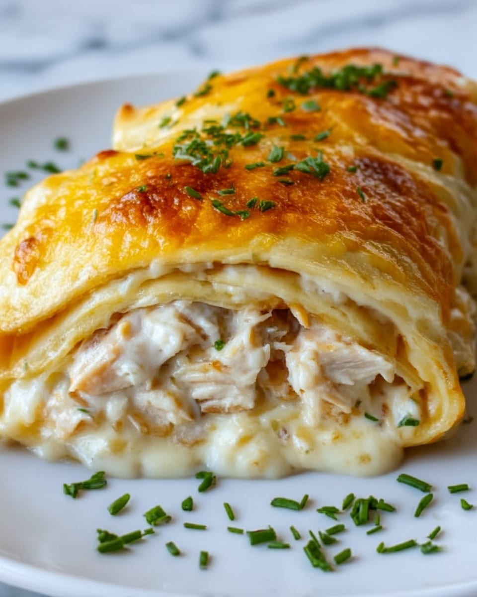 The image shows a close-up of a baked pastry with multiple flaky golden-brown layers. The top layer is crisp and shiny with a light sprinkling of finely chopped green herbs. Inside, soft creamy white cheese is mixed with small pieces of yellow corn, creating a smooth and rich filling. The pastry rests on a white plate with a few scattered green herbs around it. The background is a white marbled texture. photo taken with an iphone --ar 4:5 --v 7
