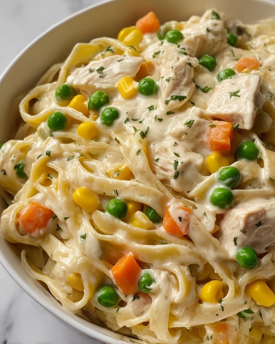 In a white bowl, there is a creamy pasta dish with three main layers: the bottom layer is made of soft flat noodles coated in a thick white sauce, the middle layer includes bright green peas, yellow corn, and small orange carrot cubes scattered throughout, and the top layer shows chunks of tender white chicken mixed evenly in the creamy sauce. The dish has small green herb pieces sprinkled all over, adding bursts of green color. The creamy sauce looks smooth and rich, covering all the ingredients well. The bowl is set on a white marbled surface. photo taken with an iphone --ar 4:5 --v 7