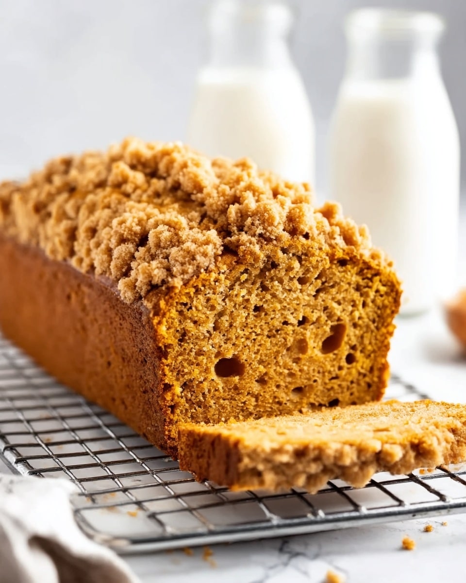 A loaf of pumpkin bread with a crumbly streusel topping sits on a white wire cooling rack over a white marbled surface. The loaf is thick and moist, showing a dense orange-brown inside with small air pockets. The streusel layer on top is golden brown and crumbly, made of small uneven clumps giving a crunchy texture. The background is softly blurred, with two glass bottles in white visible behind the loaf. Photo taken with an iphone --ar 4:5 --v 7