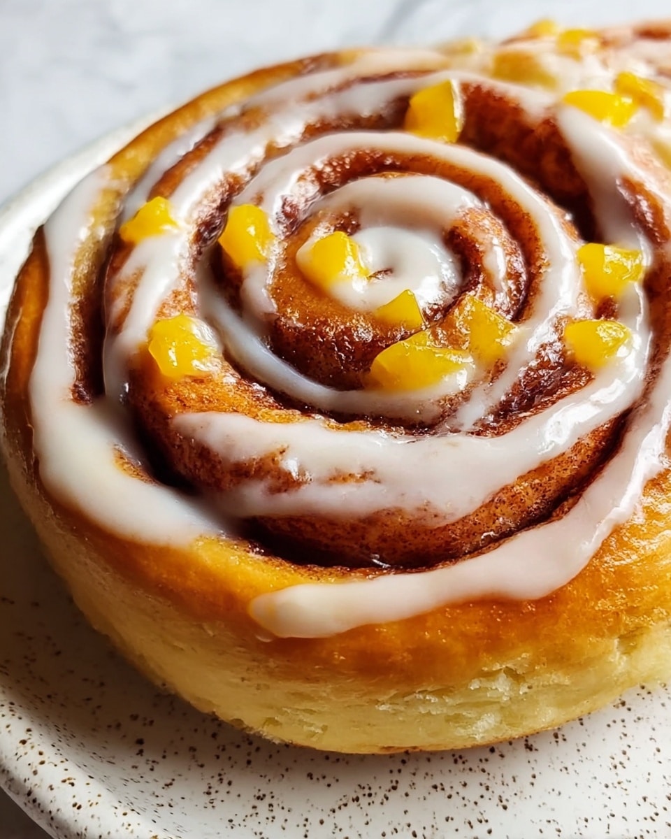 A close-up view of a single cinnamon roll showing three main layers: a golden brown, soft dough base with a slightly crispy edge, a middle layer of cinnamon filling swirled inside the dough giving a dark brown color, and the top layer covered with a shiny white icing drizzled in a spiral pattern, along with small chunks of bright yellow fruit sprinkled throughout the roll. The cinnamon roll sits on a white speckled plate, and the background is a white marbled texture. Photo taken with an iphone --ar 4:5 --v 7