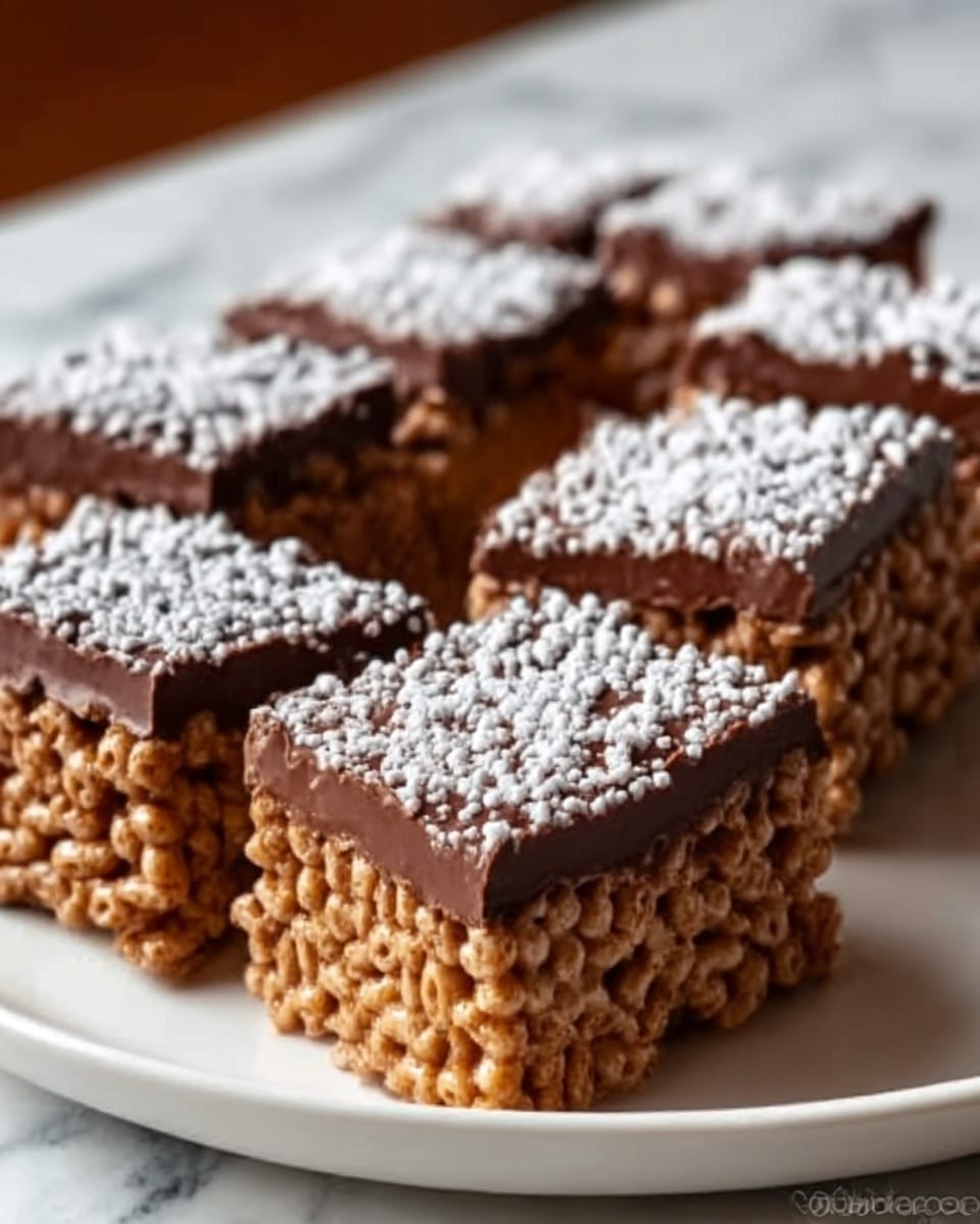 The image shows several square cereal treats arranged on a white plate with rounded edges. Each treat has two layers: the bottom layer is made of puffed rice cereal bound together, appearing golden brown and textured, while the top layer is a smooth, glossy chocolate coating. Small white powdered sugar dots are sprinkled evenly over the chocolate layer, giving a snowy look. The plate rests on a white marbled surface. The photo is taken with an iphone --ar 4:5 --v 7