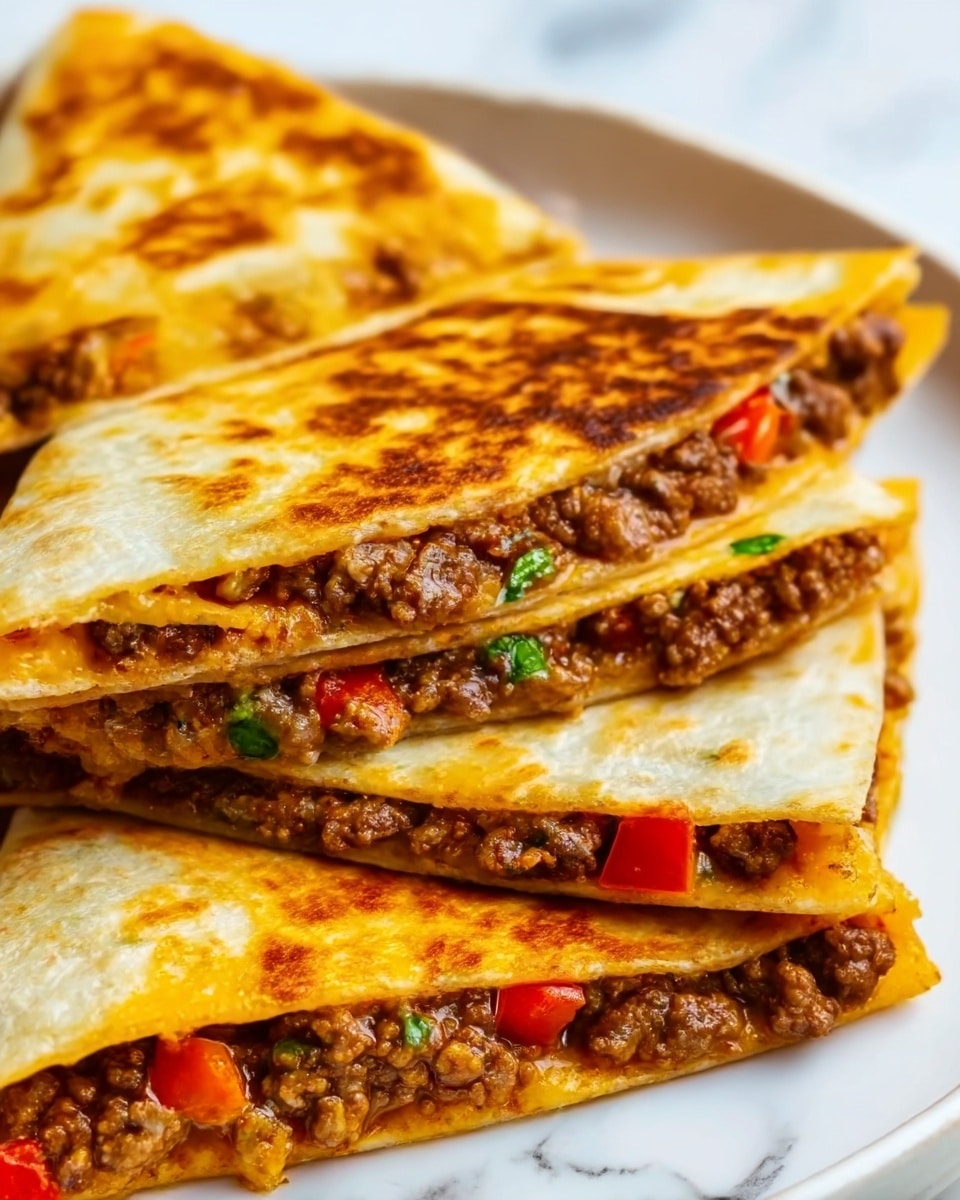The image shows a close-up of a stack of three triangular quesadillas on a white plate. Each quesadilla is filled with cooked ground beef mixed with small red pepper pieces, which is visible spilling out slightly from the edges. The outer tortilla layers are golden brown with a crispy texture, showing small toasted spots and a few green herb bits on the surface. The white plate sits on a white marbled surface, and part of a bowl with shredded cheese is visible in the background. The photo was taken with an iphone --ar 4:5 --v 7