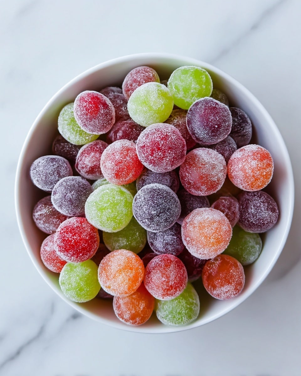 A white bowl filled with a single layer of round frozen grapes in three colors: green, purple, and red. Each grape is covered with a light frost, giving them a textured, icy look. The bowl sits on a white marbled surface, and the image is taken from a top-down view that clearly shows the grapes’ colors and frosty coating. photo taken with an iphone --ar 4:5 --v 7