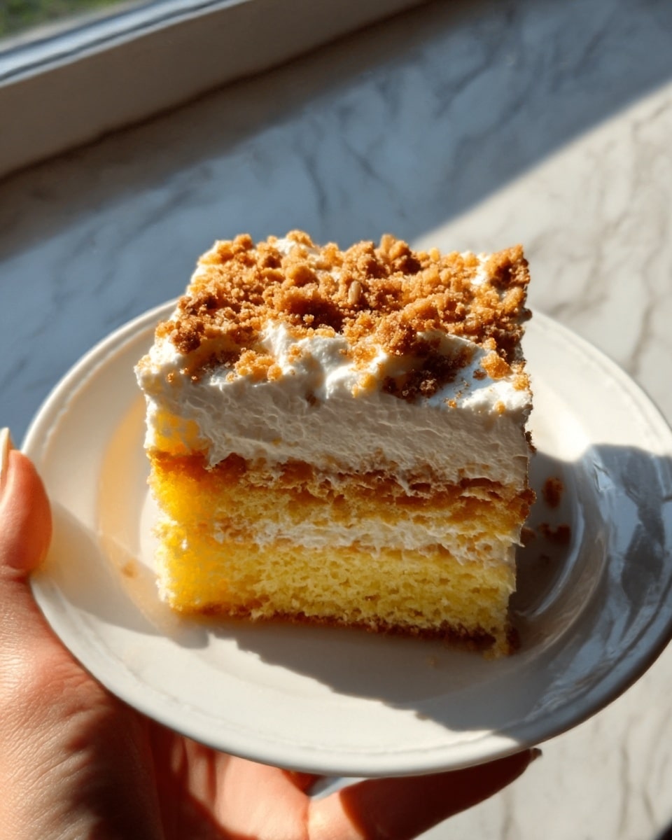 A square piece of cake is shown on a white plate, held by a woman's hand. The cake has three clear layers: the bottom layer is a thick yellow sponge cake, the middle layer is a smooth white cream, and the top layer is covered with crushed brown nuts or toffee bits. The background is a white marbled surface with soft natural light coming from a window behind. The texture of the cake looks soft, creamy, and crunchy on top. Photo taken with an iphone --ar 4:5 --v 7