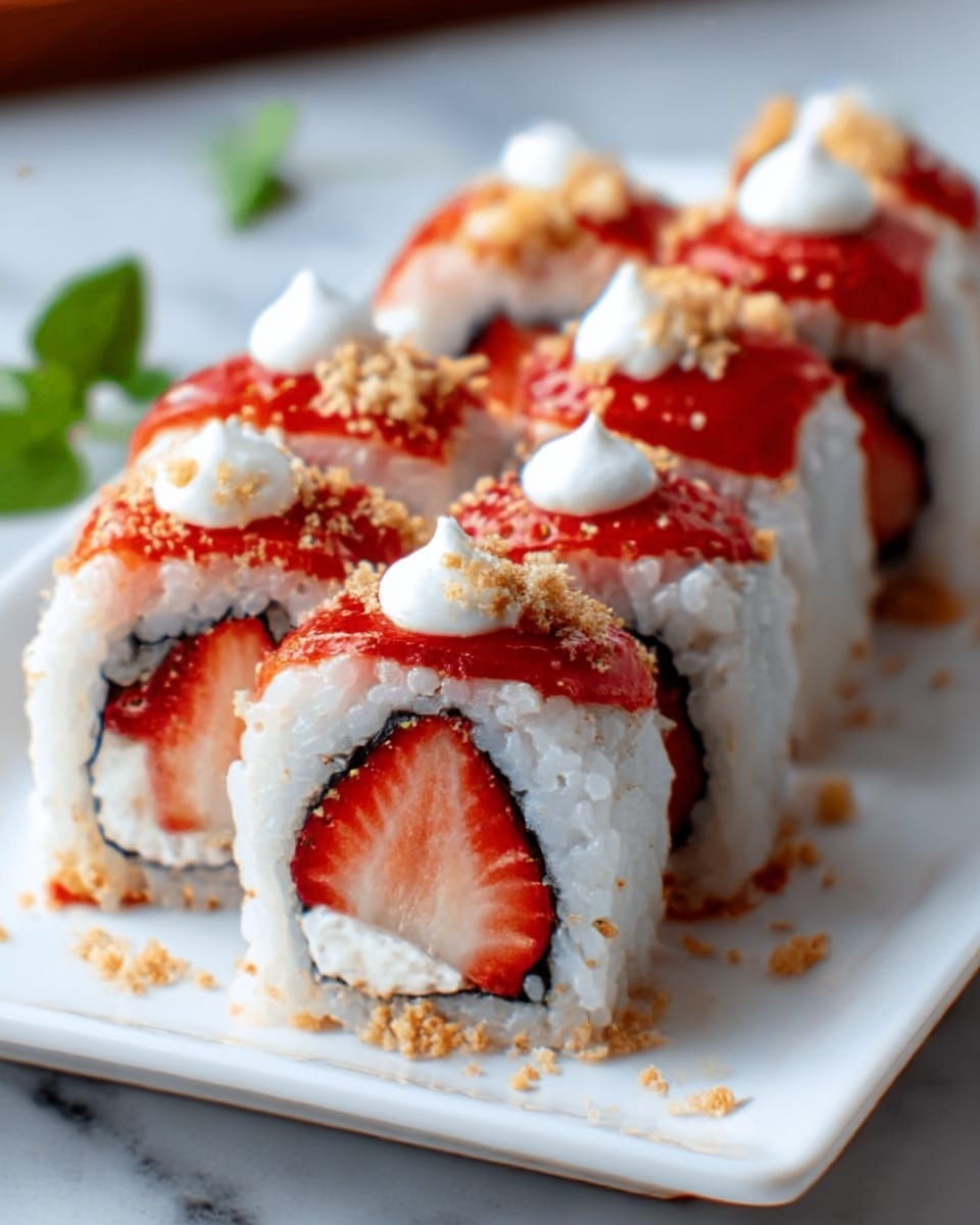 A close-up of six sushi rolls arranged in two rows on a white rectangular plate, each roll has a center of white rice wrapped with seaweed, a whole strawberry inside, topped with bright red strawberry slices, creamy white sauce drizzled on top, and sprinkled with light brown crunchy crumbs. Some dark red sauce dots decorate the plate around the sushi. The background is a white marbled surface. photo taken with an iphone --ar 4:5 --v 7