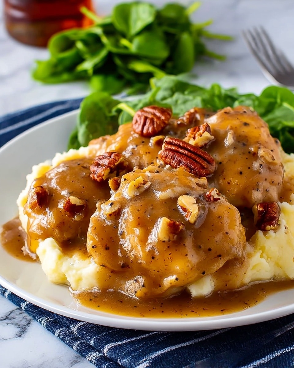 The image shows a white plate with a serving of creamy mashed potatoes at the bottom, smooth and light yellow in color. On top of the mashed potatoes, there are three pieces of fried chicken covered in a thick, rich brown gravy with visible spices and small pieces of pecans scattered across the dish. In the background, a small pile of green leafy spinach adds a fresh contrast. The plate is placed on a white marbled surface with a silver fork visible at the edge. Photo taken with an iphone --ar 4:5 --v 7