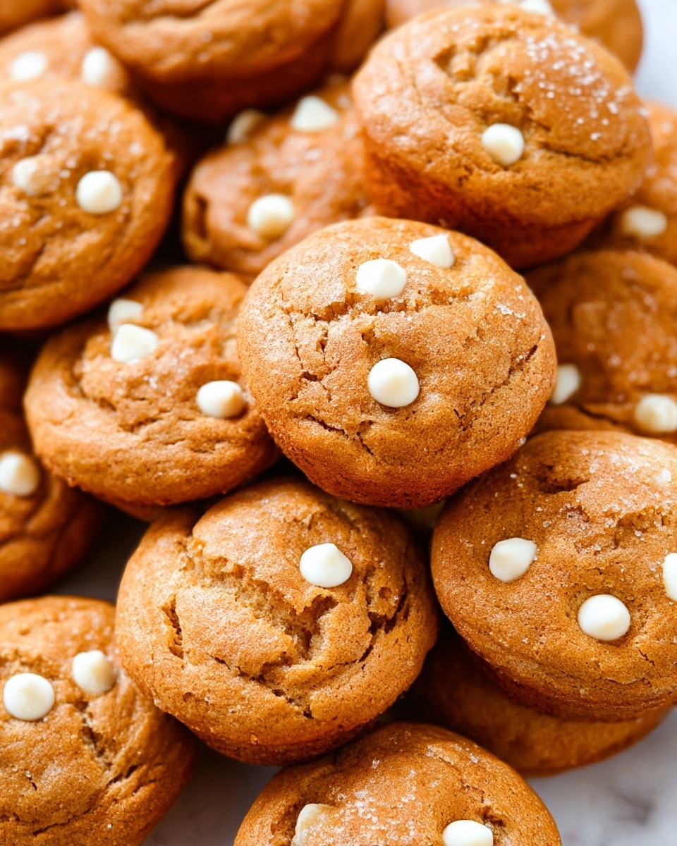 The image shows a close-up view of many small round cookies stacked closely together, each cookie having a rough and slightly cracked surface with a soft, chewy texture. The cookies are a warm brown color and have scattered white chocolate chips that peek out from the dough in different places on top and along the sides. Some cookies are sprinkled gently with granulated sugar, adding a slight sparkle to their surfaces. The cookies sit directly on a white marbled texture background. Photo taken with an iphone --ar 4:5 --v 7