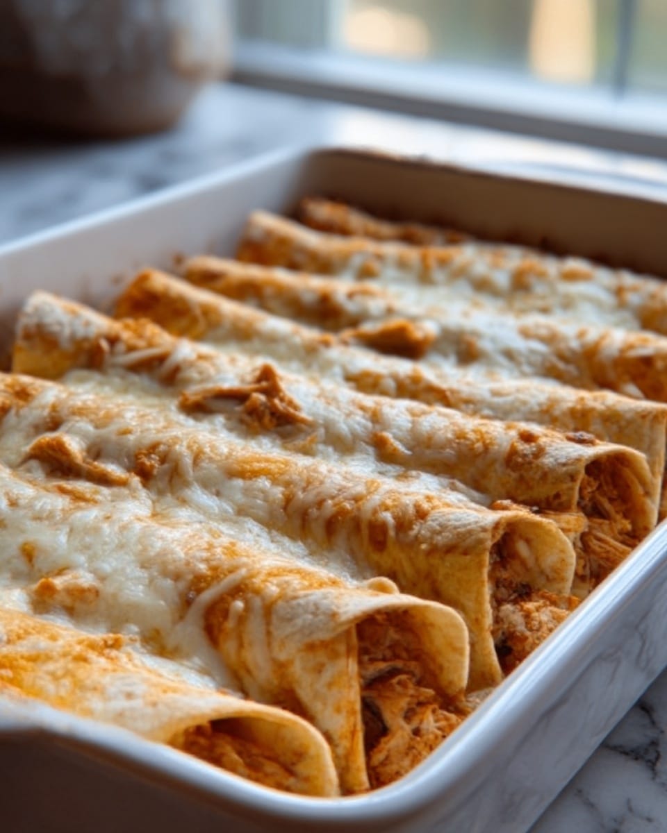 The image shows a close-up of a white rectangular baking dish filled with several rolled tortillas. Each tortilla is stuffed with shredded chicken and is covered with melted cheese that looks golden and bubbly on top. You can see some sauce mixing with the cheese, giving a rich texture. The dish is set on a white marbled surface with a soft background of windows and light. Photo taken with an iphone --ar 4:5 --v 7