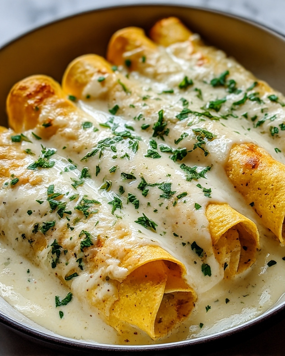 Four rolled yellow pasta tubes are neatly placed side by side on a white plate, each covered with a thick layer of creamy white sauce that is slightly browned in spots. On top of the sauce, small green herb leaves are sprinkled, adding a fresh contrast. The sauce pools gently around the pasta, giving a smooth and rich texture to the dish. The close-up view shows the softness of the pasta and the glossy surface of the sauce. The dish rests on a white marbled textured surface. photo taken with an iphone --ar 4:5 --v 7