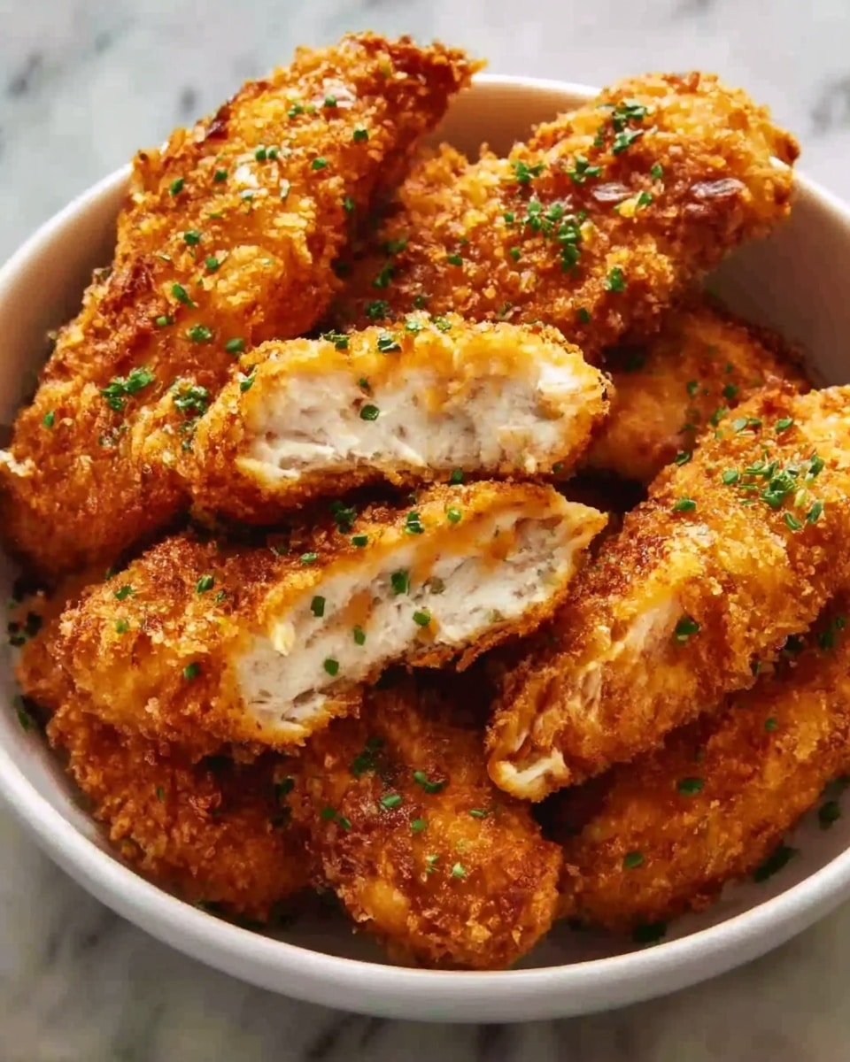 A white bowl filled with golden brown chicken tenders, each piece crispy with a crunchy breaded coating. The chicken inside looks juicy and white, with some pieces broken open to show the tender cooked meat. Small green herb bits are sprinkled on top, adding a pop of color. The bowl is set on a white marbled surface. Photo taken with an iphone --ar 4:5 --v 7