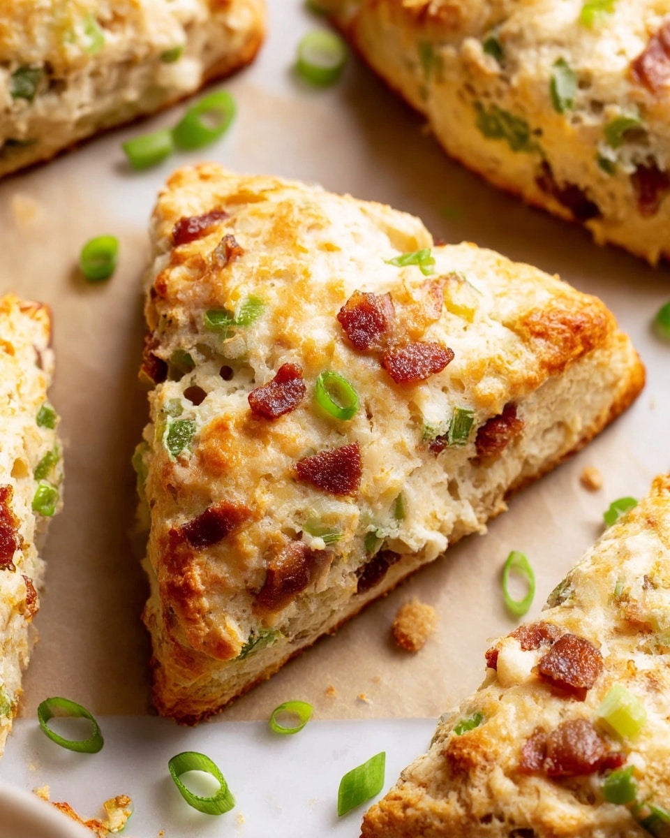 The image shows several triangular scones with a golden-brown top and a rough, crumbly texture. Each scone has visible small green pieces of chopped spring onion scattered throughout, as well as bits of reddish-brown bacon embedded inside. The scones look thick and hearty with a pale interior and a slightly crisp outer crust, placed on brown parchment paper over a white marbled surface. Small crumbs and chopped green onions are sprinkled around them, adding detail to the scene. Photo taken with an iphone --ar 4:5 --v 7
