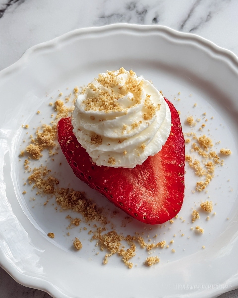 A single bright red strawberry half lies flat on a white plate with scalloped edges, topped with a swirl of white whipped cream. Light brown crumbs are sprinkled generously over the whipped cream and around the strawberry on the plate. The background is a white marbled surface. photo taken with an iphone --ar 4:5 --v 7