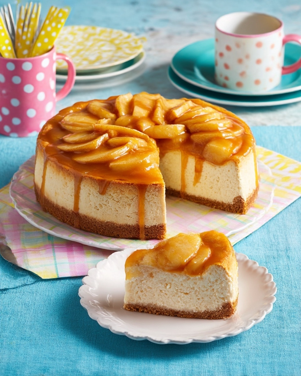 The image shows a round cheesecake cut to reveal its inside on a white plate with yellow and green checkered patterns. The cheesecake has three layers: a thick, light brown crumbly crust at the bottom, a thick creamy beige middle layer, and a topping of sliced cooked apples covered in a glossy caramel sauce that drips slightly down the sides. In the background, there is a slice of the cheesecake on a white plate with detailed edges, and the whole scene is set on a white marbled surface with a blue patterned cloth partially under the plate. Photo taken with an iphone --ar 4:5 --v 7