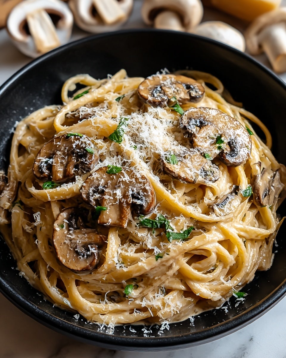 A black bowl holds a nest of creamy beige pasta twisted into two main layers, topped with golden-brown sautéed mushroom slices scattered evenly across the surface. Small bits of dark green herbs are mixed throughout the pasta, adding pops of color, while a light dusting of white grated cheese covers the top, giving a slightly textured look. The pasta sauce looks smooth and shiny, coating every strand softly, with the mushrooms showing a slight gloss from cooking. The bowl sits on a white marbled texture surface. photo taken with an iphone --ar 4:5 --v 7