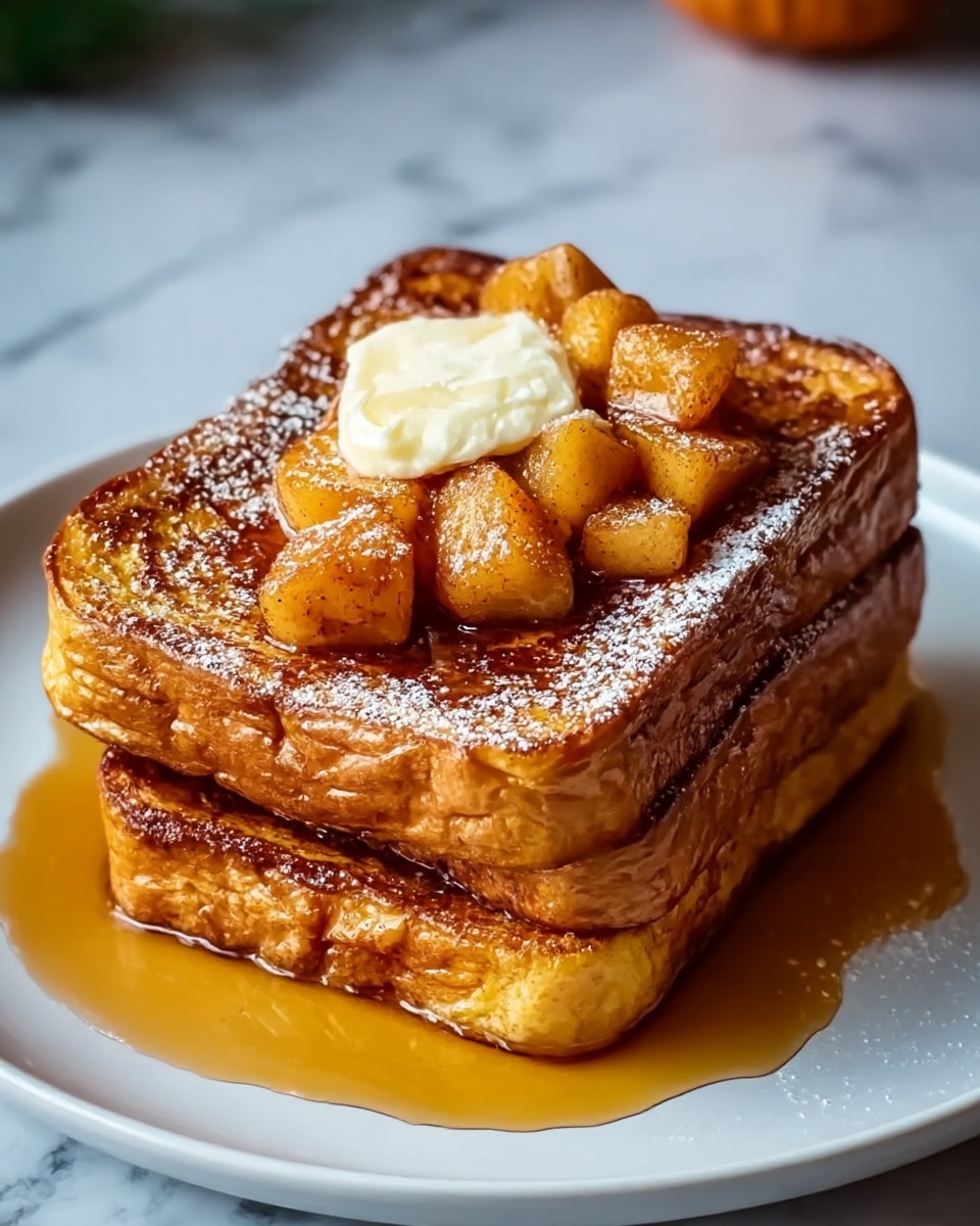 A stack of two thick, golden brown slices of French toast sits at the center of a white plate, soaked slightly with amber maple syrup pooling around the base. The top slice is dusted lightly with powdered sugar, adding a delicate white contrast to the toasted surface. Atop it, a dollop of creamy butter melts slowly, surrounded by small, caramelized cubes of what appears to be cooked apple, giving a rich, deep amber and burnt orange color with a glossy texture. The background features a white marbled texture, adding a clean, elegant look to the scene. photo taken with an iphone --ar 4:5 --v 7
