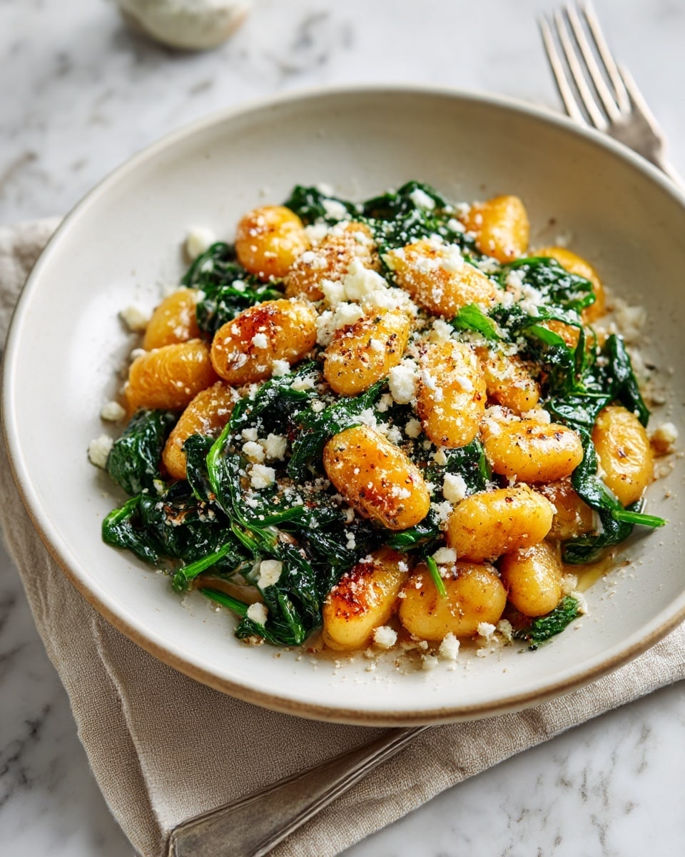 The dish is a white bowl filled with golden-brown pan-fried gnocchi pieces, each browned and slightly crispy on the outside, arranged throughout the dish. Mixed in and around the gnocchi are deep green, wilted spinach leaves with a glossy texture, adding freshness and color contrast. Scattered on top are small chunks of white feta cheese that add a crumbly texture. The dish has a light shiny oil coating giving it a slightly glossy look, with a sprinkle of fine herbs and seasoning on the surface. On the side sits a silver fork partially resting on the bowl. The whole scene is set on a white marbled textured surface. photo taken with an iphone --ar 4:5 --v 7