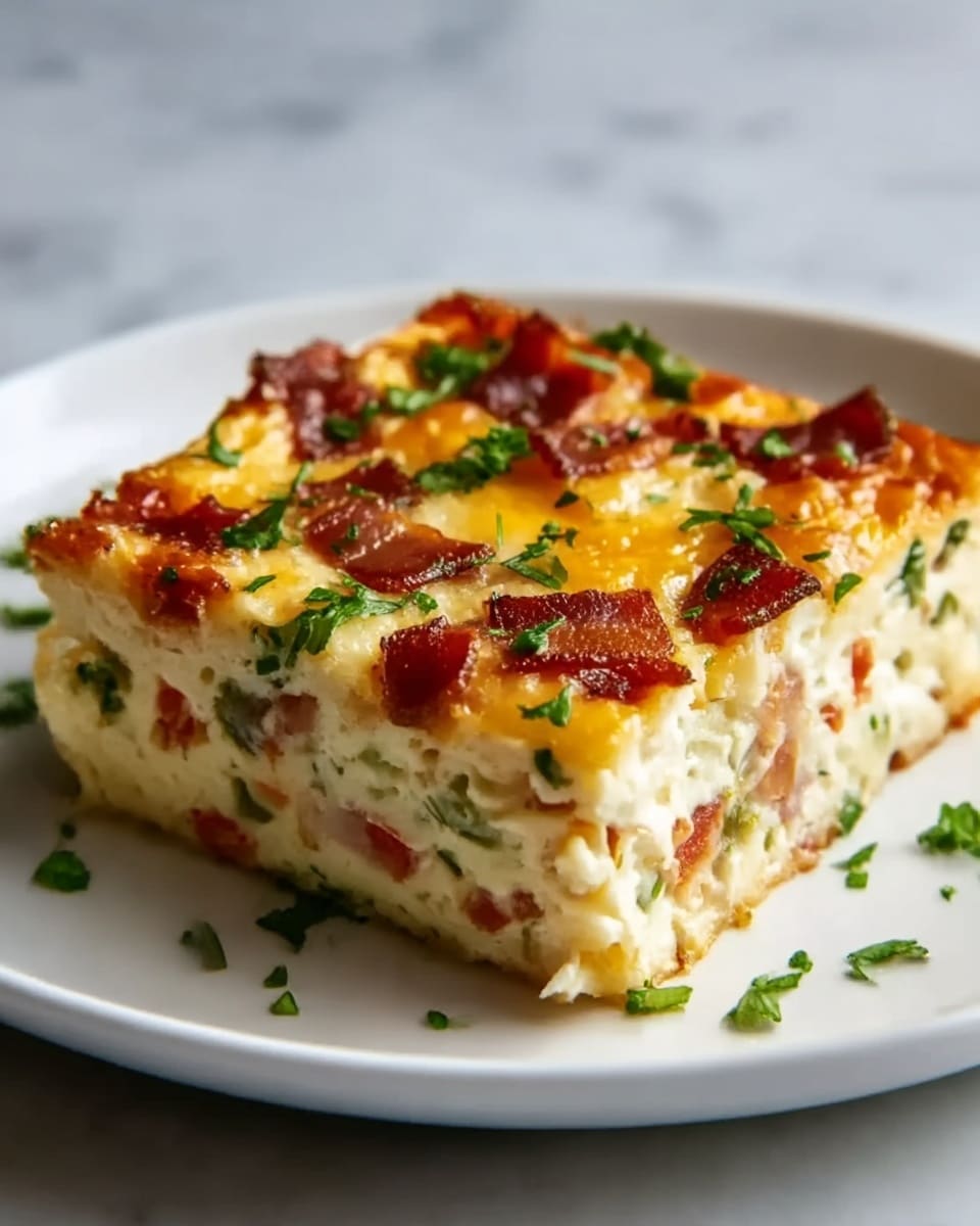 A single square piece of breakfast casserole sits on a plain white plate, showcasing multiple layers with a slightly crispy golden brown top sprinkled with small green herbs. The top layer is melted cheddar cheese with browned spots, beneath which is a thick, fluffy layer of baked eggs mixed with bits of diced red bell pepper and sausage. The casserole texture looks soft and moist inside with small air pockets, garnished with finely chopped green herbs scattered over the top and around the plate edges. The background features a soft focus white marbled surface. Photo taken with an iphone --ar 4:5 --v 7