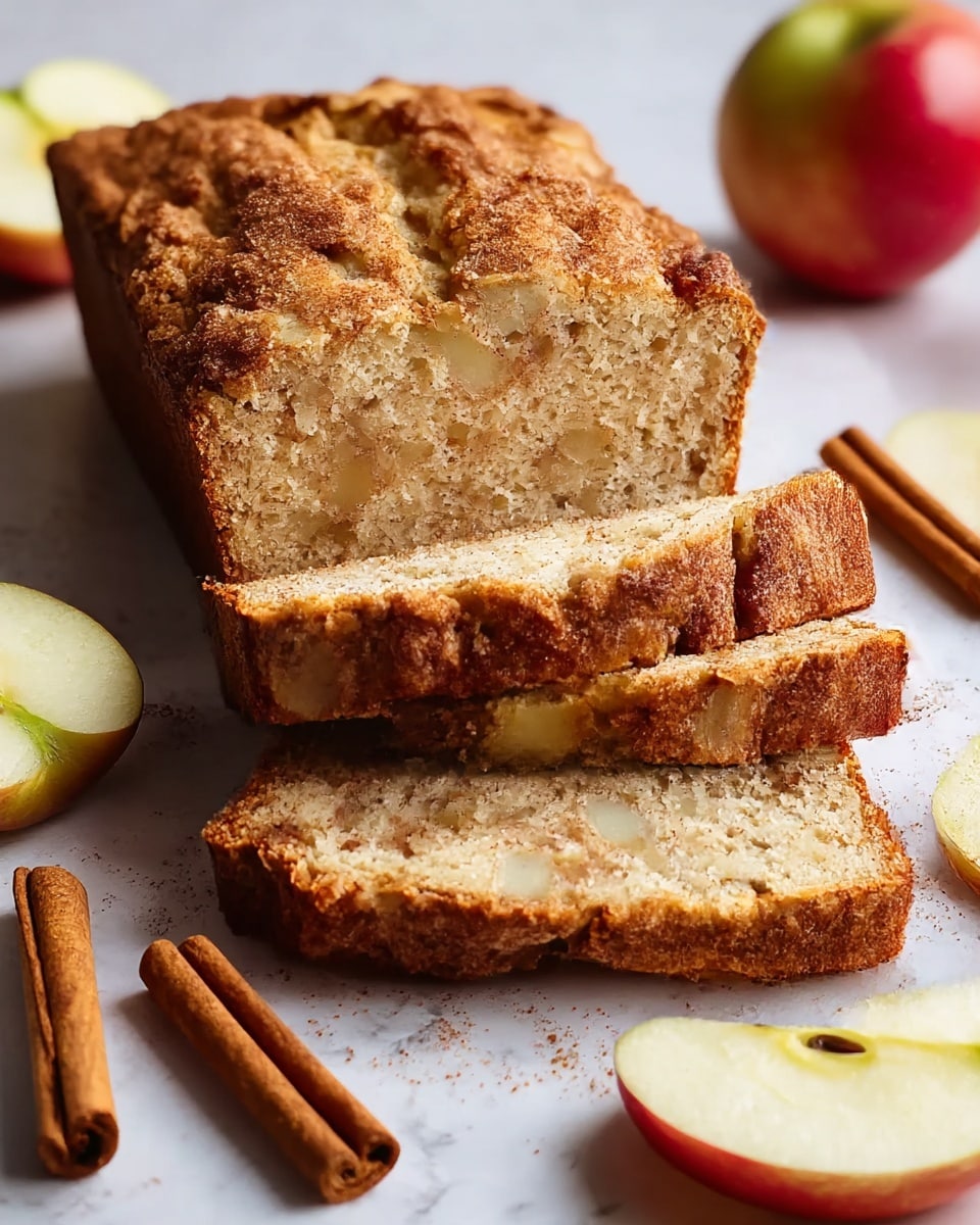 The image shows a loaf of apple cinnamon bread with four visible layers, three of which are thick slices lying flat, revealing a dense, moist texture with light brown dough and small pieces of apple and cinnamon throughout. The crust is a darker, rich brown with a crumbly texture. The loaf sits on a white marbled surface with a white cutting board underneath. Surrounding the bread are cinnamon sticks and red apples, one whole and one cut in half showing the inside with seeds. The warm colors and close-up view emphasize the bread's soft inside and crunchy outside. Photo taken with an iphone --ar 4:5 --v 7