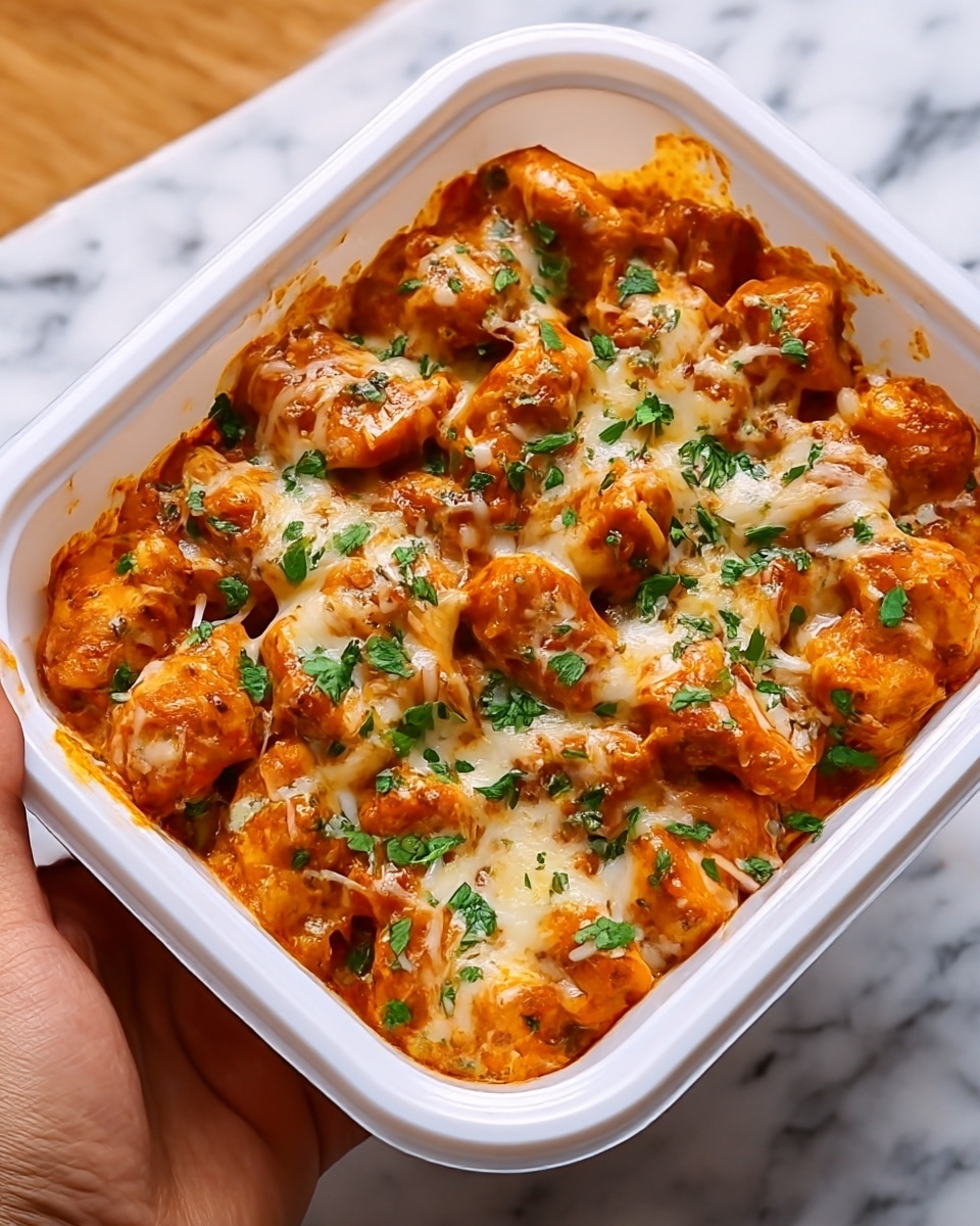 The image shows a white rectangular container filled with a dish of golden-brown grilled chicken pieces covered in melted cheese, which is creamy white and slightly browned in spots. The chicken is sprinkled with fresh green chopped herbs, likely parsley, that add a pop of color. The chicken pieces have a slightly crispy texture, while the melted cheese looks gooey and stretchy, melting into the chicken. The container is placed on a white marbled surface, and a woman's hand is reaching toward the container from the side. Photo taken with an iphone --ar 4:5 --v 7