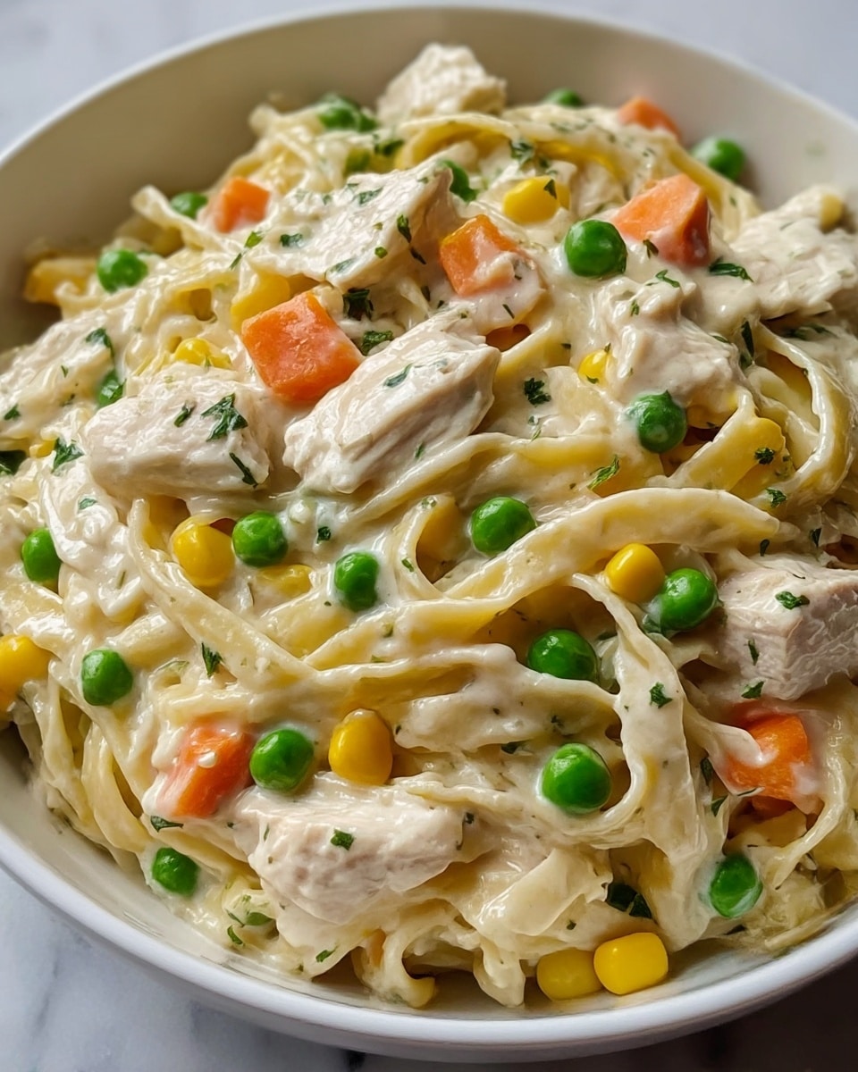 A close-up view of a white bowl filled with creamy fettuccine pasta mixed with large chunks of white chicken, bright green peas, yellow corn, and small orange carrot pieces. The pasta is covered in a thick, smooth white sauce with flecks of green herbs sprinkled on top, adding a fresh touch. The textures show soft pasta strands intertwined with tender chicken and vibrant vegetables, all sitting together in the sauce. The photo is taken on a white marbled surface. Photo taken with an iphone --ar 4:5 --v 7