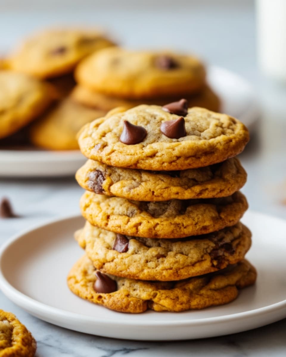 A stack of six golden-brown cookies with visible chocolate chips on top sits on a white plate. The cookies look soft and slightly thick, with a chewy texture and slightly cracked surfaces. In the blurry background, there is another white plate with more cookies stacked on it, and the setting is on a white marbled surface. The lighting highlights the warm tone of the cookies, making them look fresh and delicious. Photo taken with an iphone --ar 4:5 --v 7