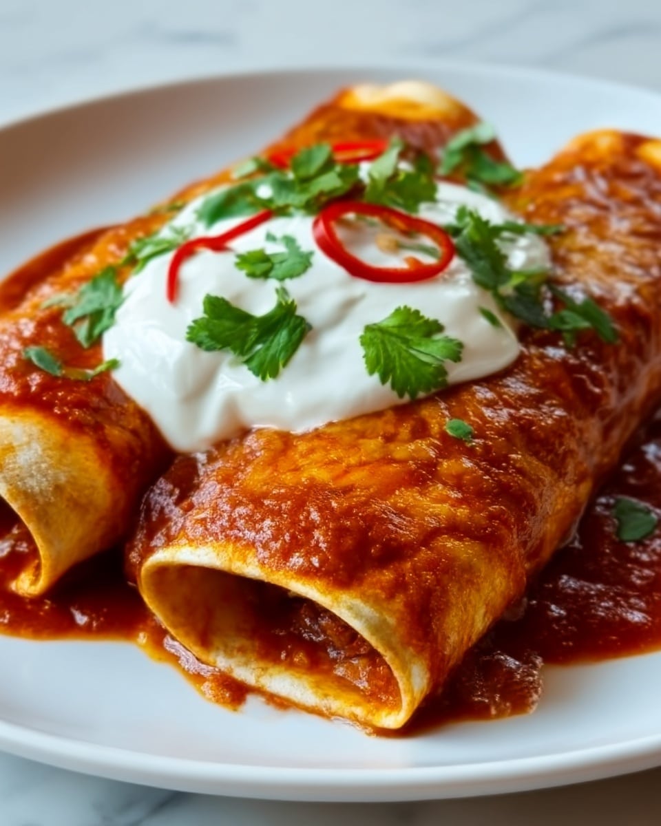 The image shows two rolled tortillas covered in a rich, red sauce with a slightly chunky texture. On top of the tortillas is a thick, white dollop of sour cream, garnished with small green cilantro leaves and thin slices of red chili. The dish is served on a white plate on a white marbled surface, giving a clean and bright look. The tortillas appear soft and slightly browned at the edges, with a textured sauce that looks flavorful and moist. Photo taken with an iphone --ar 4:5 --v 7