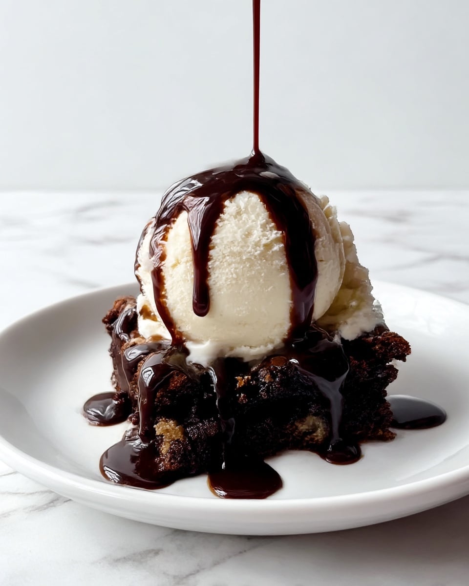 A white plate holds a dessert with two main layers: the bottom layer is a crumbly, dark chocolate brownie with a rich, slightly rough texture, and the top layer is a smooth, round scoop of creamy vanilla ice cream. Thick, glossy dark chocolate sauce is being poured over the ice cream, dripping down its sides and spreading over the brownie below. The whole scene is set on a white marbled surface, giving a clean and bright background. photo taken with an iphone --ar 4:5 --v 7