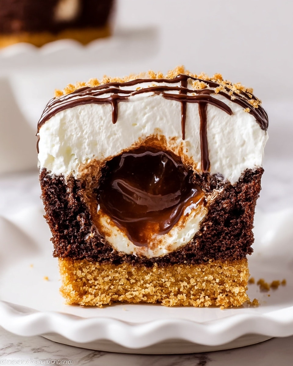 A close-up view of a dessert layered in three distinct parts on a white scalloped-edge plate against a white marbled background. At the bottom is a thick, crumbly golden-brown crust. Above this sits a rich, dark chocolate cake layer with a moist texture and an uneven surface. In the center of this chocolate layer, there is a glossy, melting pool of chocolate filling that oozes slightly. The dessert is topped with a thick, fluffy white cream layer that is smooth and soft, sprinkled lightly with crumbled bits. Thin chocolate drizzle lines run across the cream layer from left to right. Photo taken with an iphone --ar 4:5 --v 7