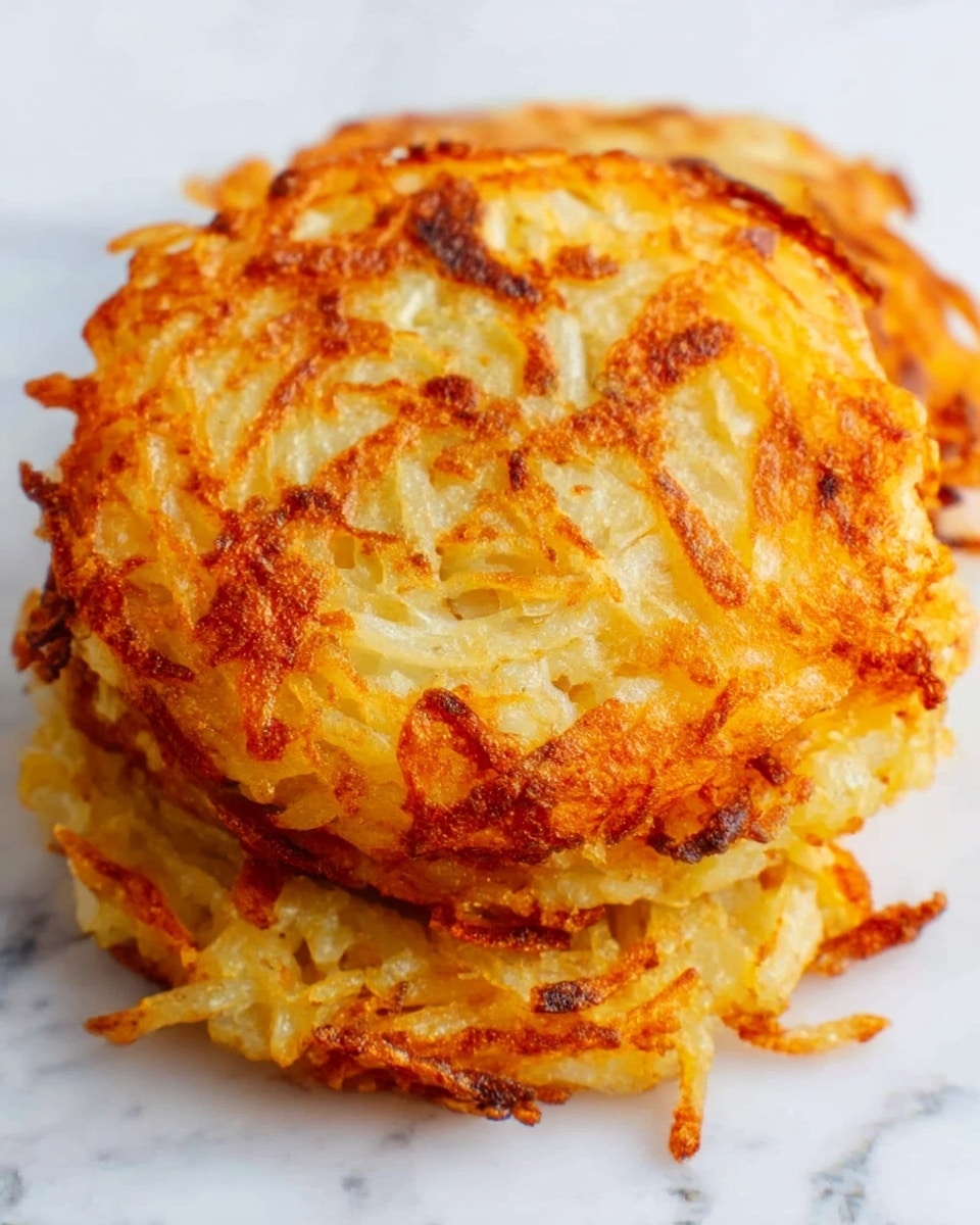 The image shows three golden brown hash browns stacked with some overlap, revealing their crispy, shredded potato texture. Each hash brown has a thin, crunchy outer layer that is lightly browned with a mix of light and dark orange hues, showing a rough and slightly uneven surface. The inside appears soft with strands of shredded potato visible, giving a fibrous look. They are set on a white marbled surface that adds a clean and bright background, enhancing the warm color of the hash browns. Photo taken with an iphone --ar 4:5 --v 7