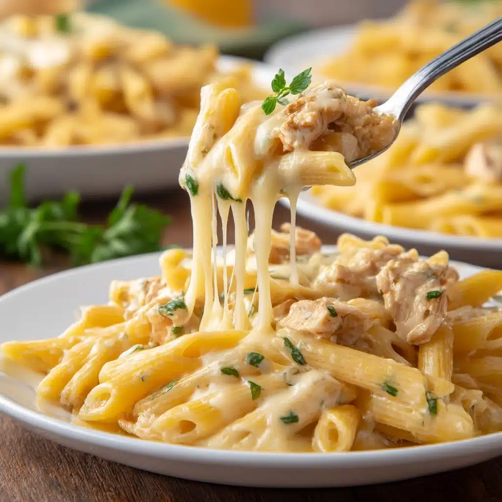 A white plate filled with three layers of creamy pasta topped with melted cheese stretching up from a spoon lifting a portion. The pasta is penne mixed with grilled chicken pieces that are light brown and slightly crispy. The cheese is smooth, pale yellow, and glossy, melting over the pasta and chicken, with small bits of green herbs scattered on top and around the dish. The background shows more white plates filled with plain cooked pasta, all resting on a white marbled surface. photo taken with an iphone --ar 4:5 --v 7
